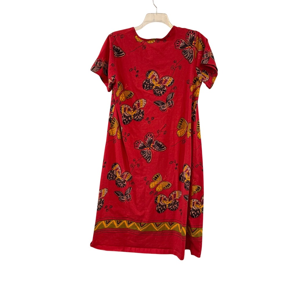 Womens Red Butterfly Print 100% Cotton V-Neck T-Shirt Dress Medium Fairy Core - Picture 5 of 7